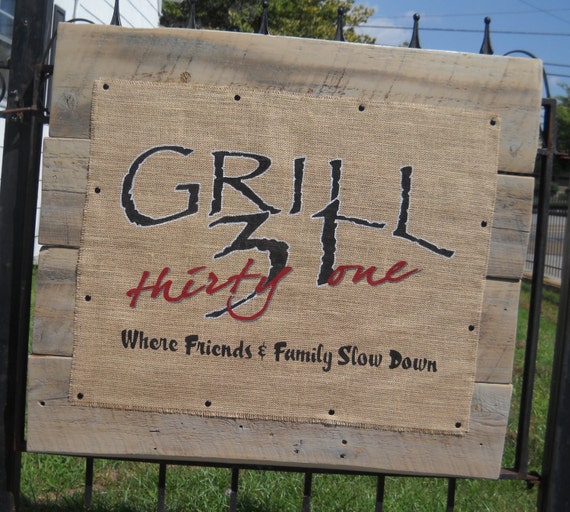Items similar to RECLAIMED WOOD and burlap business name/logo sign