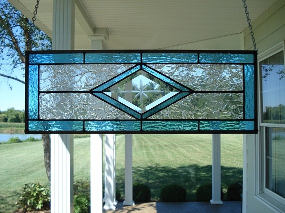 Aqua Stained Glass Panel Window Transom Beveled by TheGlassShire