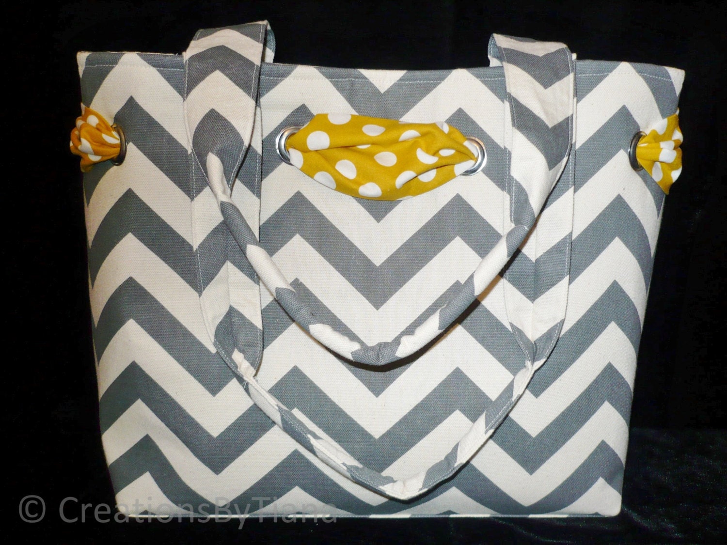 Gray Chevron Tote Bag Purse with Yellow Polka dot Bow