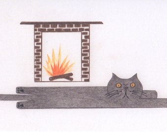 Funny Cat Cards - Cat in front of the Fireplace