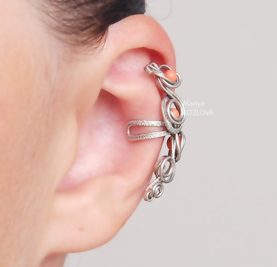 No Piercing Ear Cartilage Cuff Coral Silver Fairy by LotEarCuffs