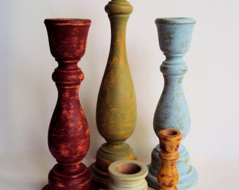 Shabby Distressed Wooden Candlesticks Set - Rustic Wood Candle Holders - Spring Cottage Chic Decor - Green Blue Red Orange Candle Sticks Set