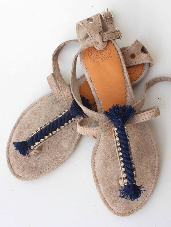 Leather Sandals with Nautical Rope and Swarovski rhinestones - Navy ...