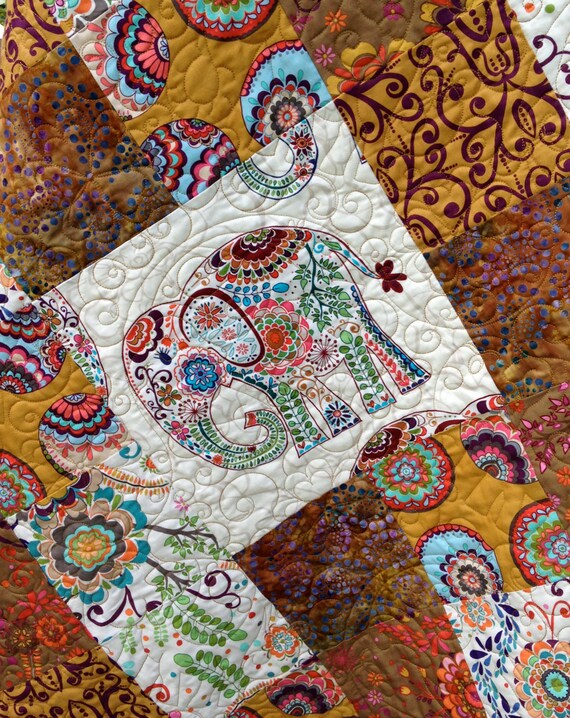 Modern Patchwork Quilt featuring Indian Elephants Quilt patchwork featuring indian modern