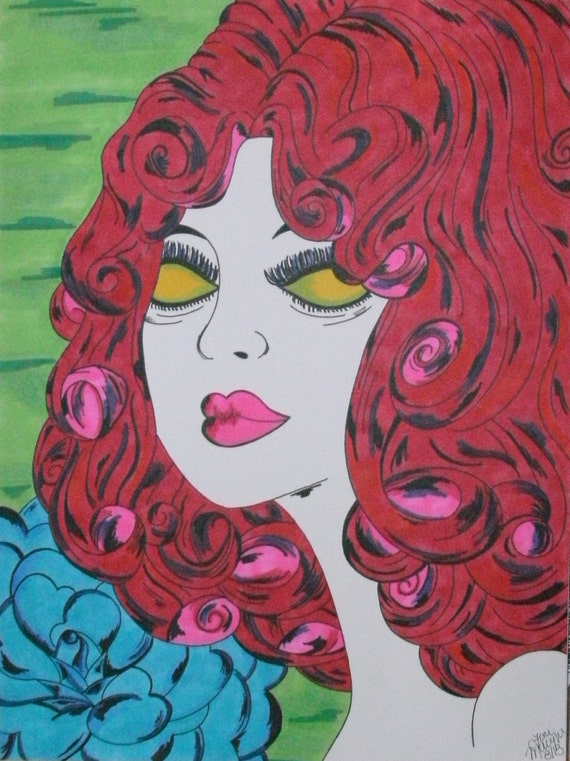 Items similar to Creepy Girl Drawing with Curly Red Hair and Blue Rose ...