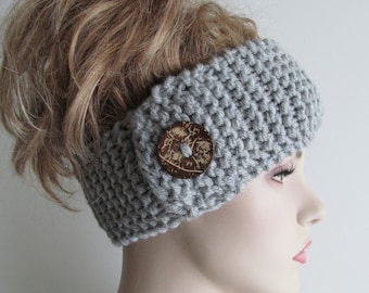 Grey Headbands Ear Warmers Turban Buttons Chunky Knit Gray Earwarmers Fall Winter Accessories Headcovers Womens Girls Knit Headwraps