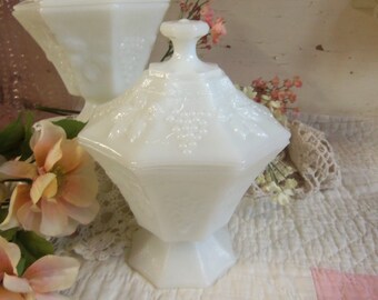 2 Vintage Milk Glass Covered Candy Dishes Footed with Lids B662