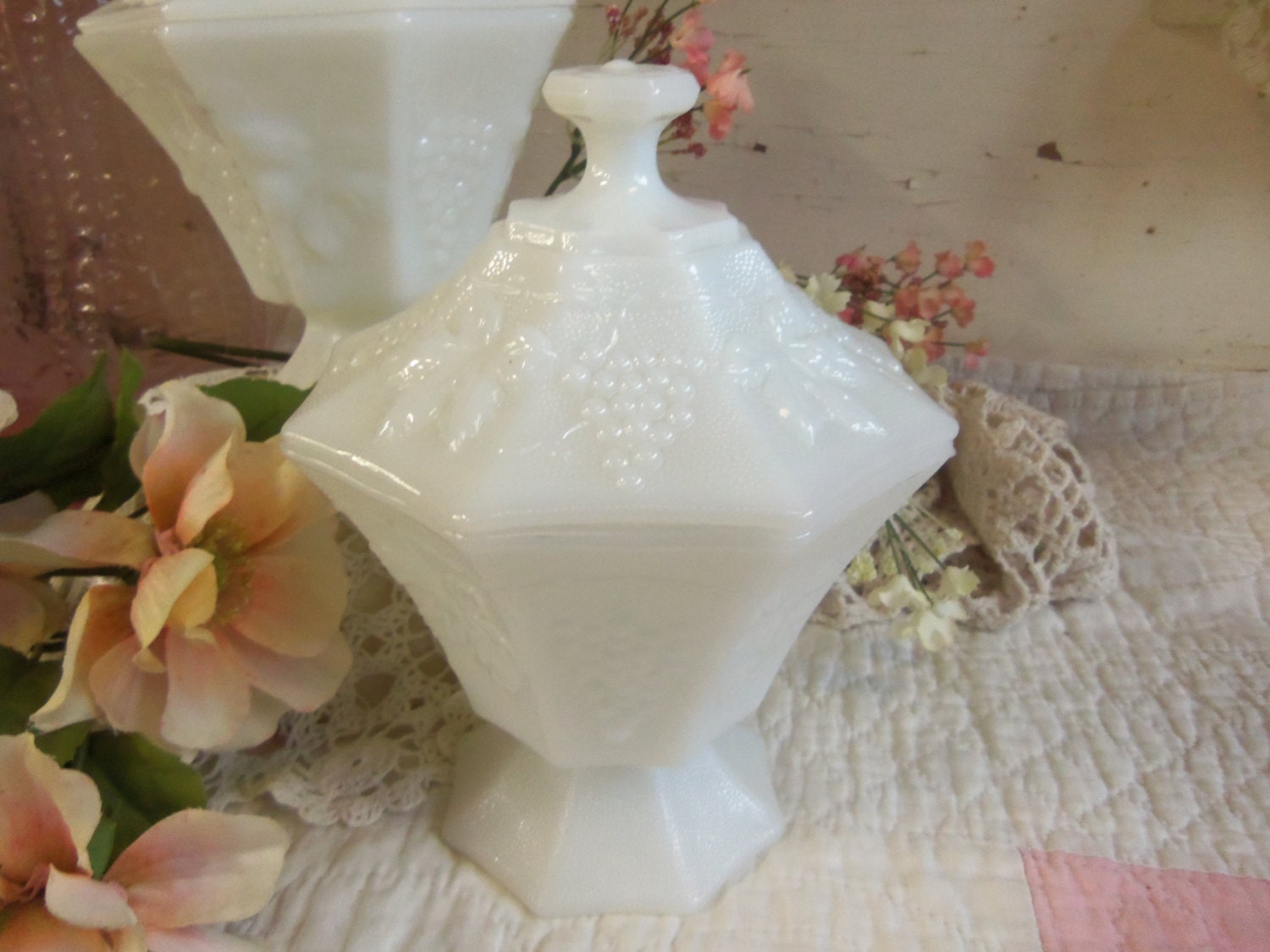 2 Vintage Milk Glass Covered Candy Dishes Footed with Lids