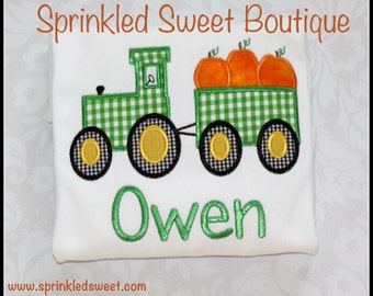 Custom Applique Halloween Thanksgiving Fall Tractor Monogram Shirt -Short or Long Sleeve Boy First Holiday Onsie
