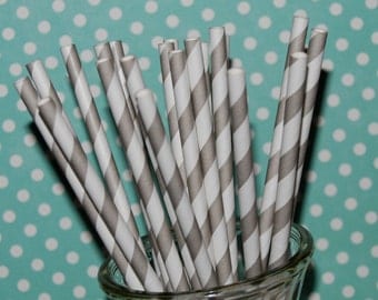 25 Extra Long 10.5" Soda Bottle Grey barber striped paper drinking straws - with FREE DIY Flags. See also - "Personalized" flags option.