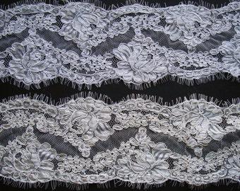 New Alencon Lace Trim Ivory or White Lace Trim Re-embroidered Double Border Alencon Lace Trim Eyelash edge Price is per 55"- BEST PRICE!