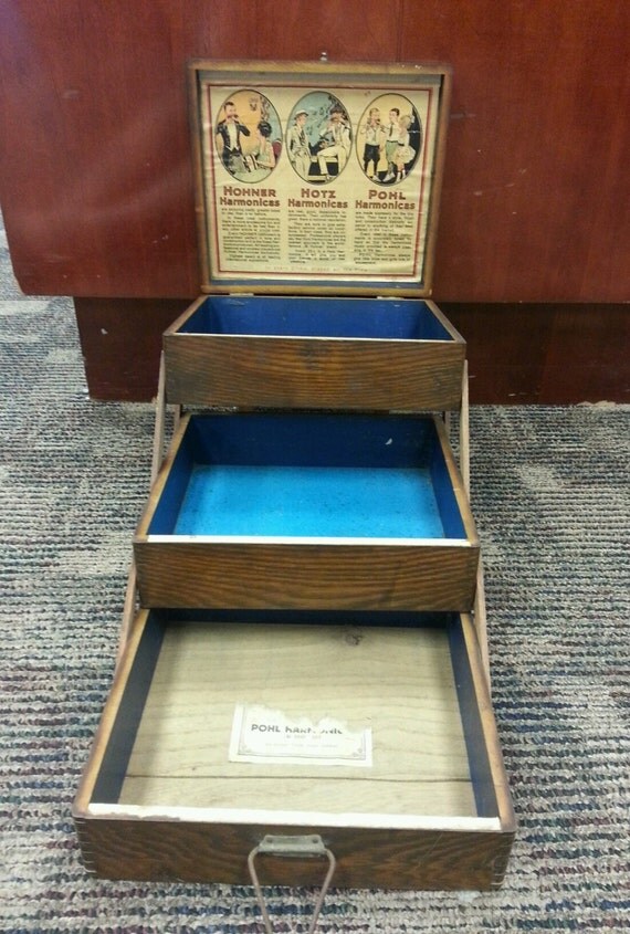 Vintage antique harmonica salesman merchant display fold out