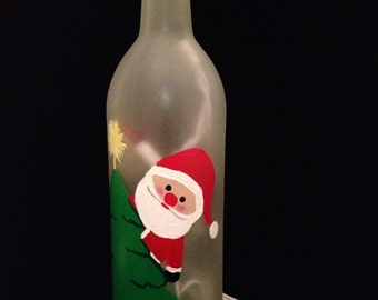 Hand Painted Lighted and Frosted Santa Wine Bottle