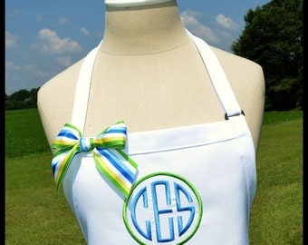 Circle Monogrammed Personalized Apron - Personalized Chefs Gift Idea Ribbon Bakers Womens Wedding Bridal Shower Custom 2 Two Colors