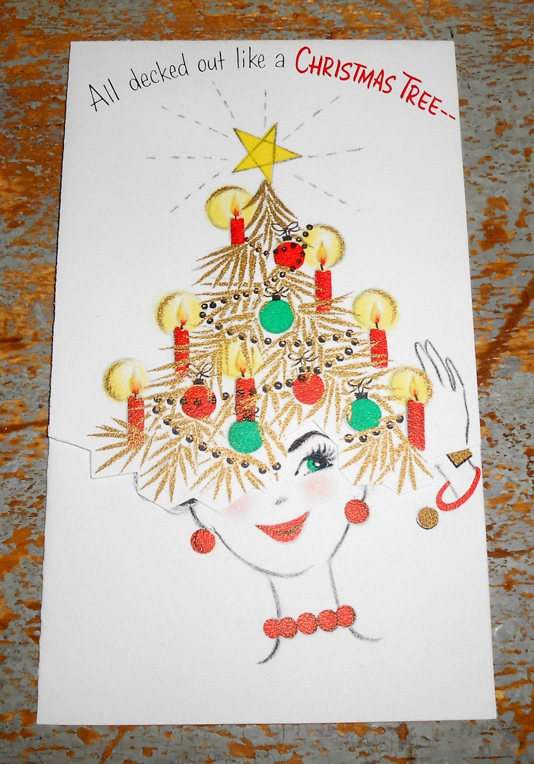 vintage cards christmas lady christmas tree hallmark