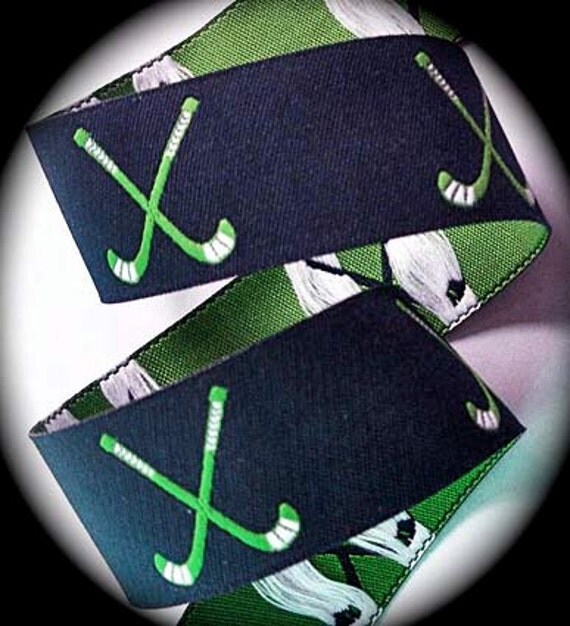 Green FIELD HOCKEY on Navy Jacquard Ribbon 1 by homeportribbons