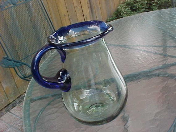 Vintage Hand Blown Mexican Glass Pitcher Cobalt Blue Rim