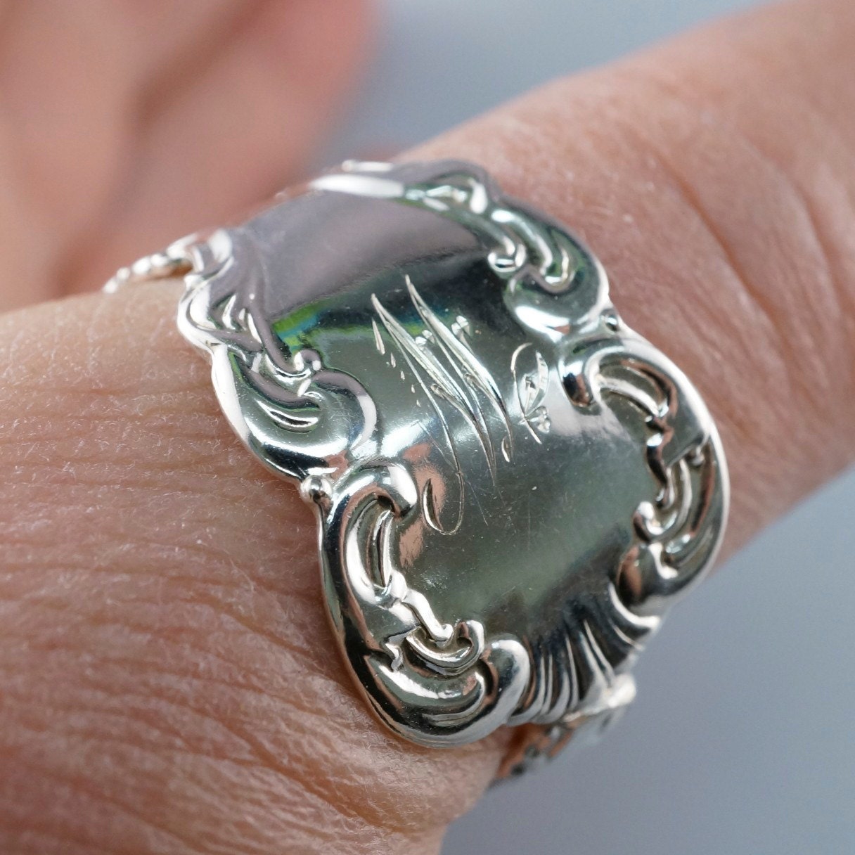 large STERLING SILVER SPOON ring. monogram m. antique ring.