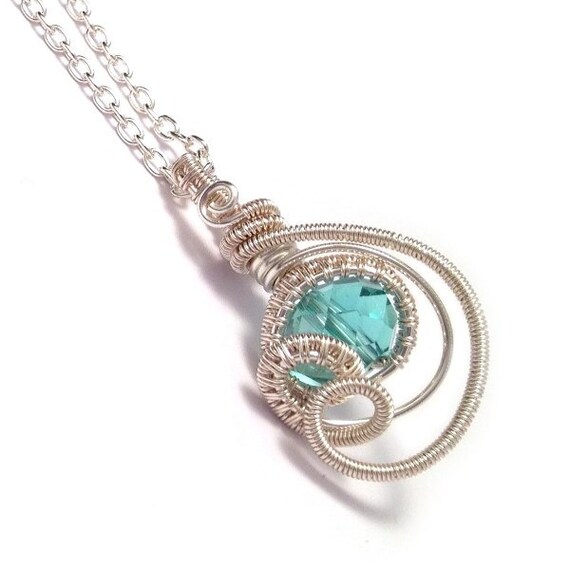 Items similar to Wire Wrapped Sea Blue Crystal Teardrop Pendant
