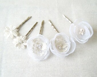 Weddings Hair Accessories Bobby Pins Set Of 5 Bride Bridesmaid Flower Girl Floral Hair Clips Pins White Wedding by Fairytale Flower