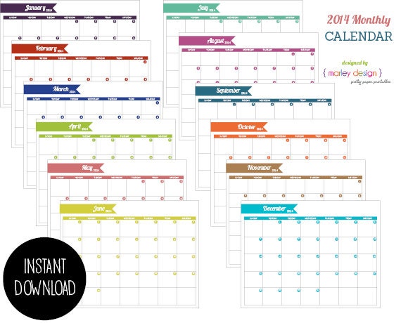 Items similar to INSTANT DOWNLOAD Printable 2014 Calendar Monthly on Etsy