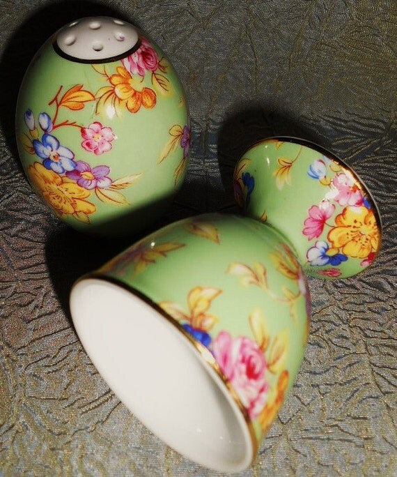 Vintage English Chintz China Egg Cup & EggShaped Shaker