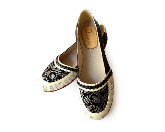 ON SALE *** leather and brocade flat shoes in black, silver and white
