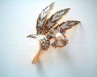 Spanish Damascene Brooch Spanish Toledoware Glass Pearl Flower Brooch