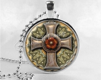 STEAMPUNK CROSS Necklace, Steam Punk Cross Pendant, Cross Jewelry, Glass Art Pendant Charm, Religious Jewelry, Grunge Cross