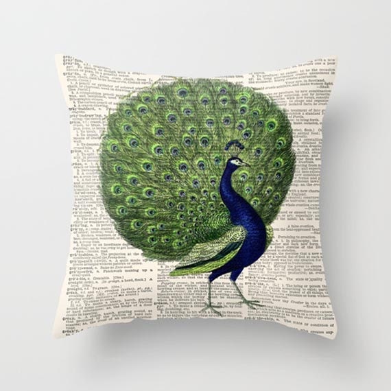 Items similar to Throw Pillow Cover Dictionary Art Print Peacock on a
