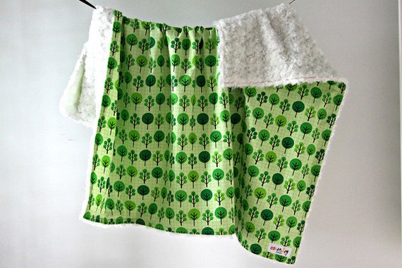 Large Baby/Toddler Blanket, Green Trees with White Minky Swirl, Ready to Ship