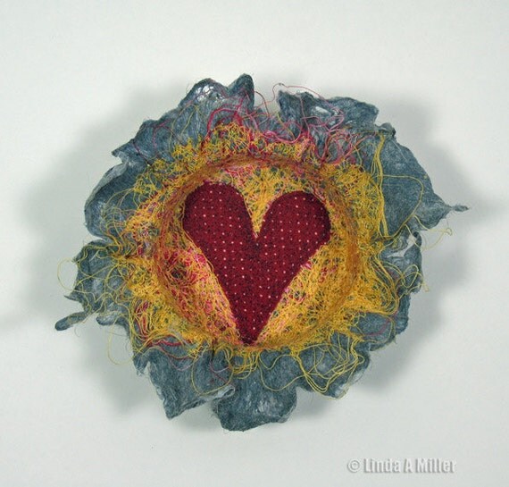 Recycled Thread and Lint Fiber Bowl with Red Heart