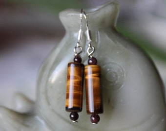Long Column Tiger Eye With Red Garnet Earrings, sterling silver hook