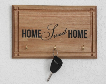 Handcrafted Wood Plaque Home Sweet Home Key Holder - 10"x8" Decor Sign Wonderful New Home Gift with hooks great size for the small room