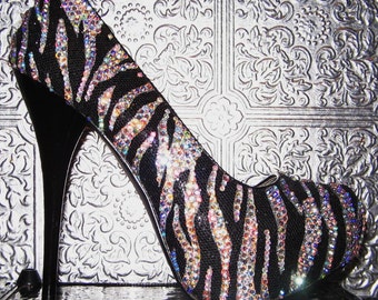 zebra print stilettos with crystal rhinestone stripes