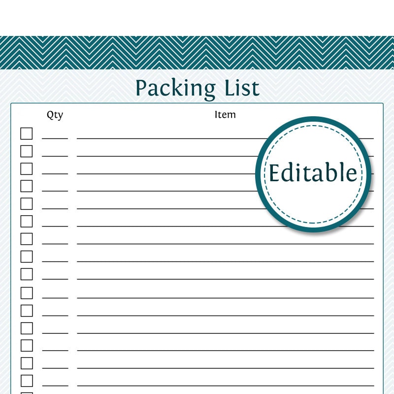 packing list fillable printable pdf instant download