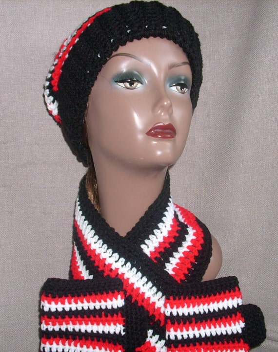Black, White & Red Crochet Hat Set - Slouchy Hat, Neck Wrap, Fingerless Gloves