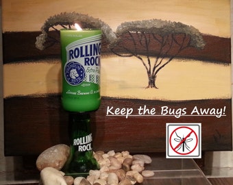 Citronella beer bottle candle with Pedestal "Keep the Bugs Away" You choose your bottle type!