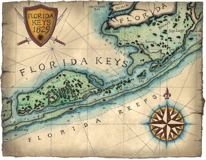 Florida Keys Reef Map Art c.1829 12 x 16 Key West Map Key