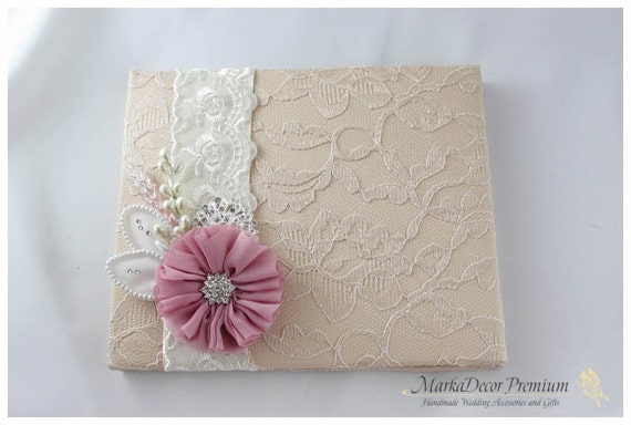 Wedding Lace Guest Book Custom Made in Tan, Champagne Ivory and Dusty Pink with Handmade Flowers, Brooches and Stamens' Accents