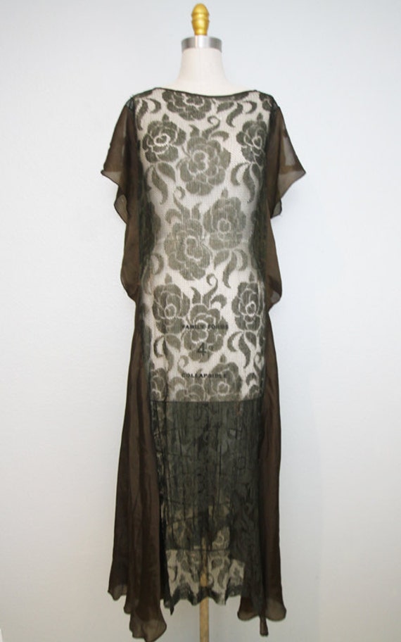 1920s 1930s sheath dress/ 20s 30s brown lace dress/ art deco/