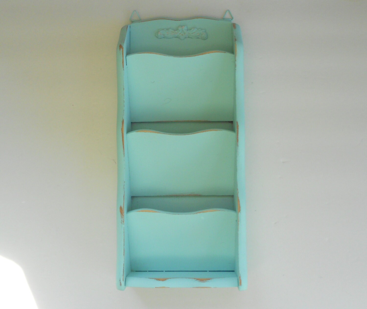 Mail Organizer Sorter Vintage Wood Aqua Blue Distressed