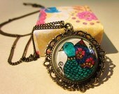 Java Green Peacock Necklace - Hand drawn - Beauty - Henna - Mehndi - Colorful - Feathers