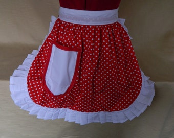 Retro Vintage 50s Style Half Apron / Pinny - Red & White Polka Dot with White Trim