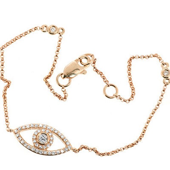 Diamond Evil Eye Charm Bracelet 14k Rose Pink Gold 6.5