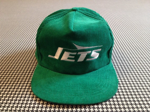 pom hat jets pom corduroy green in hat, and white JETS snapback 1980's, emerald