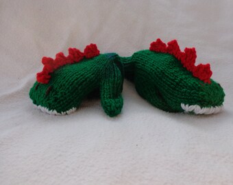 Hand Knit Children's Green/Red Dinosaur Mittens- size small