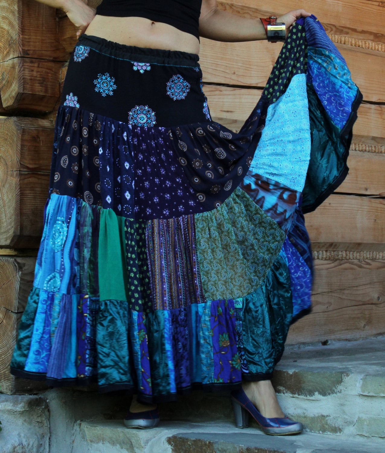 Very wide gypsy boho skirt recycled patchwork tribal fusion