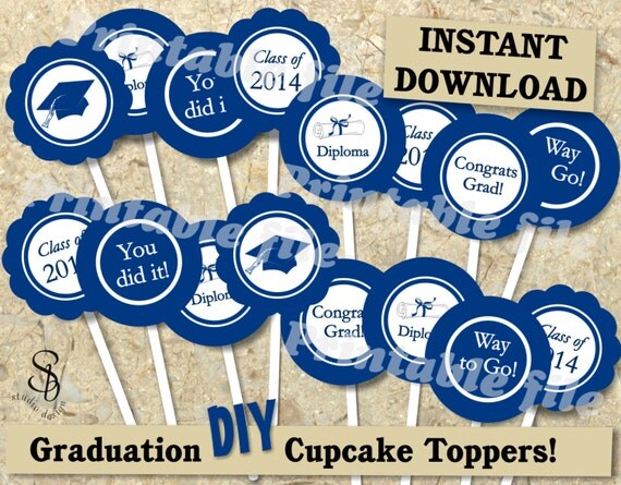 Graduation cupcake topper in blue and white printable template DIY