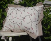 CLARANCE SALE 14x19 Embroidered Linen Ivory, Light and Deep Pink Pattern. Natural Tan Linen Flange and Backing Pillow including Insert